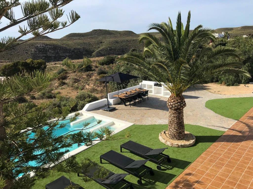 a resort with a palm tree and chairs and a pool at Los Palmitos in Agua Amarga