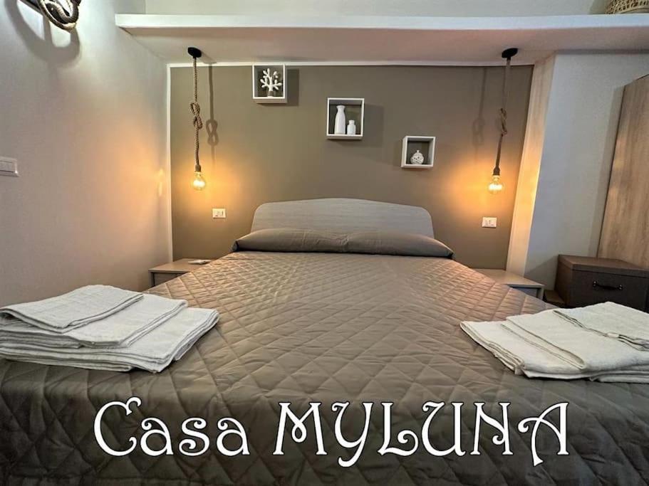 een slaapkamer met een groot bed en handdoeken bij Casa Myluna Centro Storico in Napels