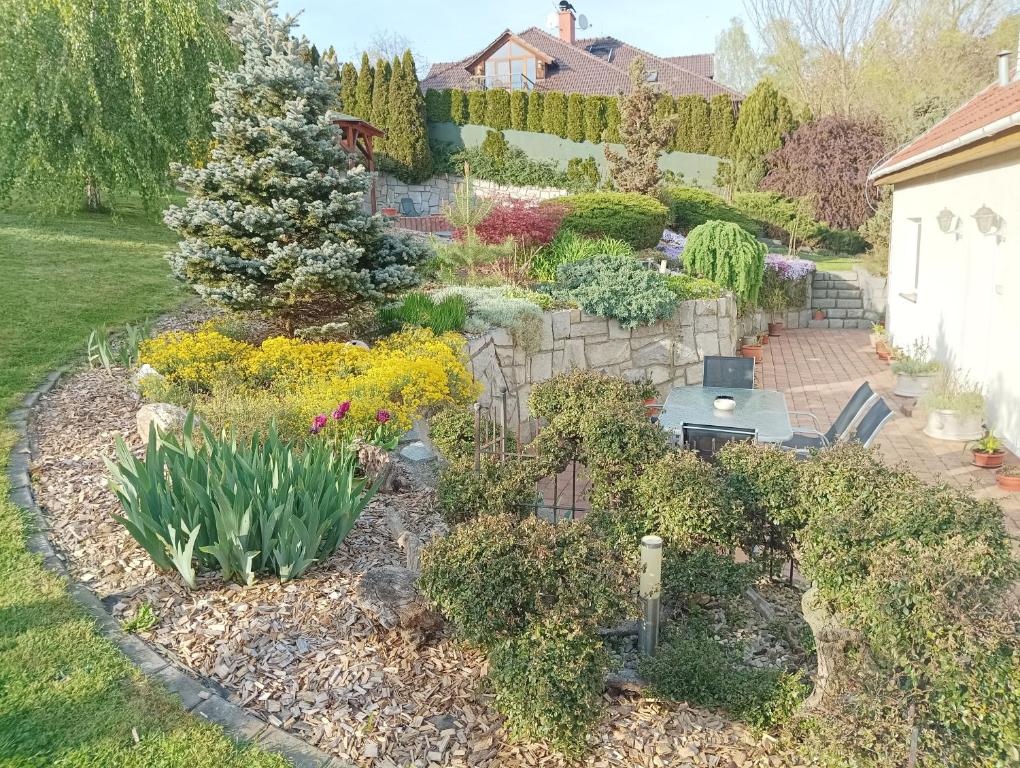 a garden with flowers and plants in a yard at Ubytování Iris in Dolany