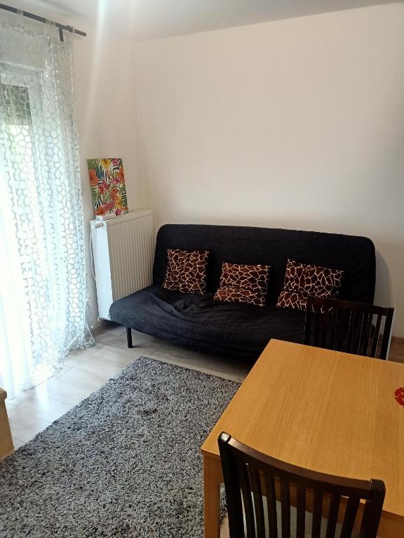 a living room with a couch and a table at Przytulne studio - 2 pokoje,parking,blisko centrum-6km,tramwaj, Nflix, park, spokój, in Wrocław