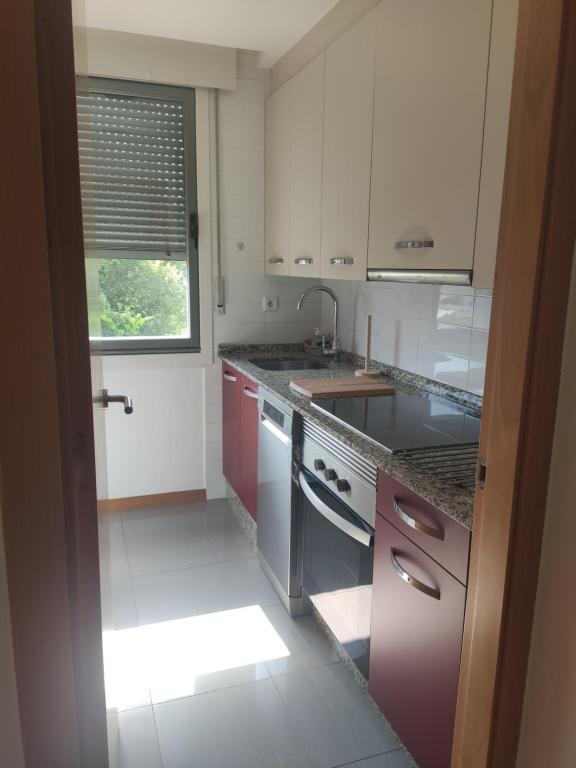 eine Küche mit lila Schränken, einem Waschbecken und einem Fenster in der Unterkunft Apartamento Playa Ladeira in Baiona