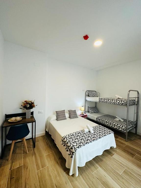 a bedroom with a bed and a table and a chair at HOSTEL COSTA-LUZ Béjar in Huelva