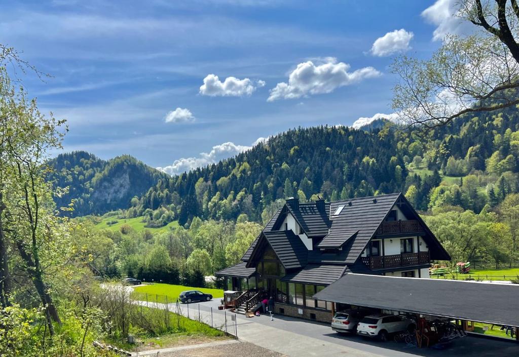 a house with a black roof with a mountain at Willa FOLK Pieniny in Szczawnica