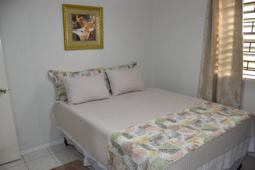 a bed in a bedroom with a picture on the wall at 1 Bedroom Upscale Apt in Kingston