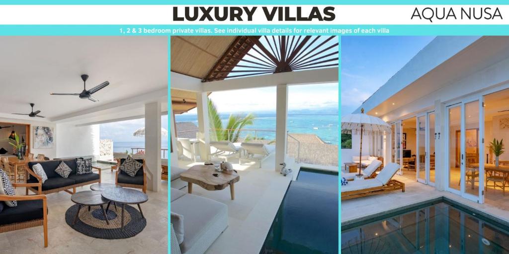 レンボンガン島にあるAqua Nusa - Luxury Lembongan Villasのリビングルームとヴィラの3つの景色を望めます。