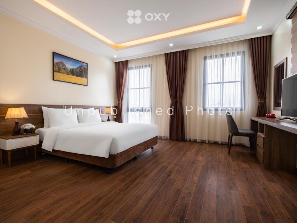 a hotel room with a bed and a television at Ha Long Essence Classic Hotel in Ha Long