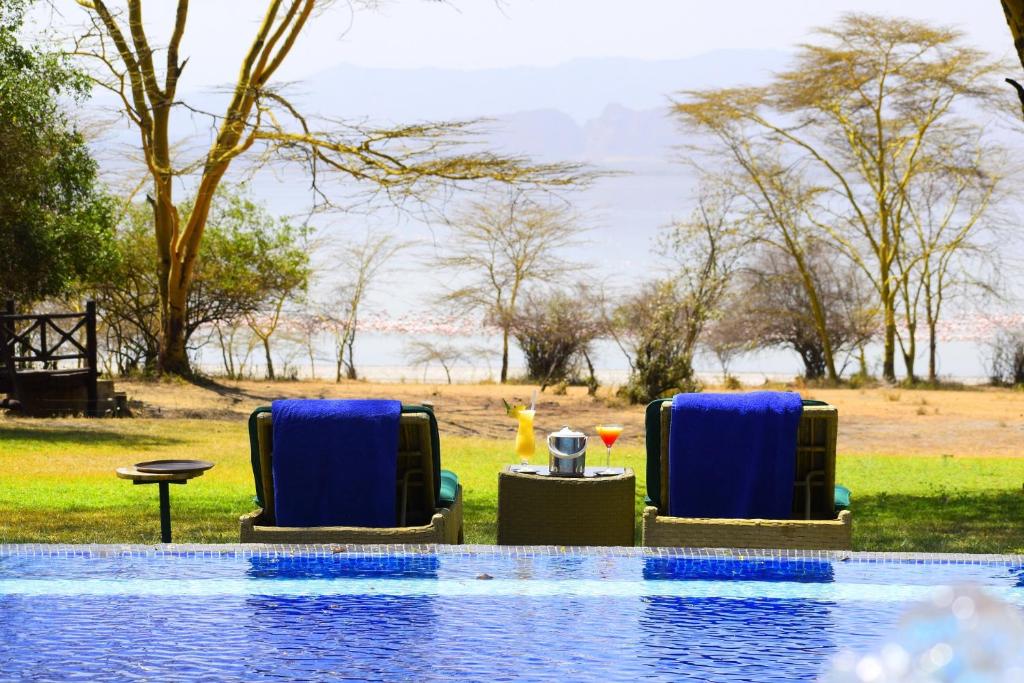 - deux chaises bleues installées à côté de la piscine dans l'établissement Lake Elmenteita Serena Camp, à Elmenteita