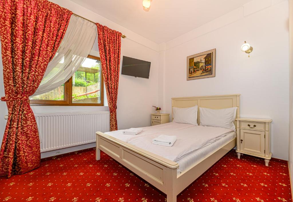 a bedroom with a bed and a window at Panoramic Center Rooms in Braşov