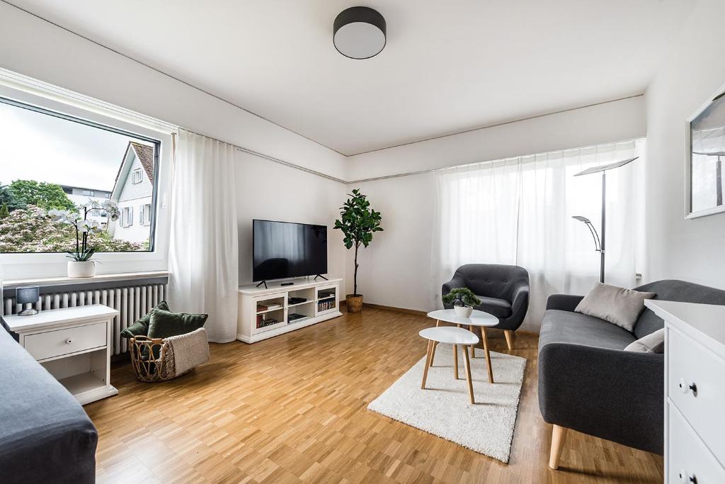 a living room with a couch and a tv at Cooldis 1 !Gratis Parken, Free Parking! in Kreuzlingen