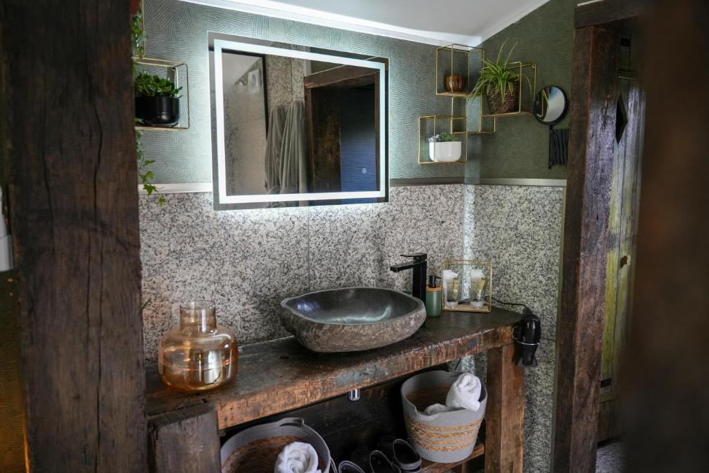 Cottage, Lodge & Spa في Prouilly: حمام مع حوض ومرآة