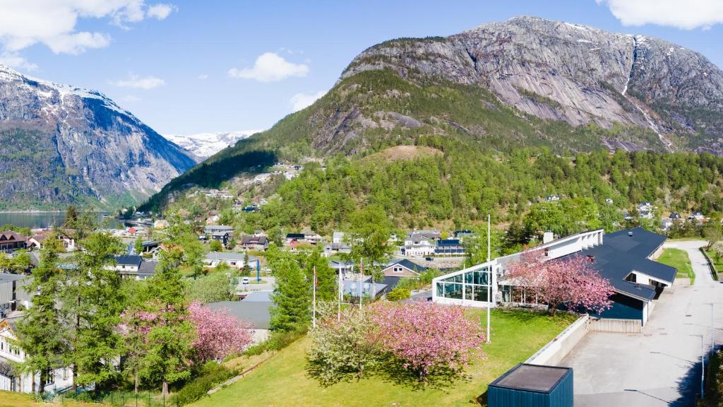 an aerial view of a town in the mountains at Eidfjord Hotel in Eidfjord