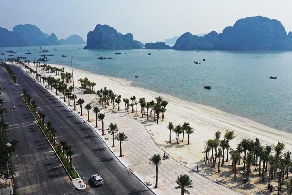 a view of a beach with palm trees and a road at Xuân Mỹ Hostel Bãi Cháy in Ha Long