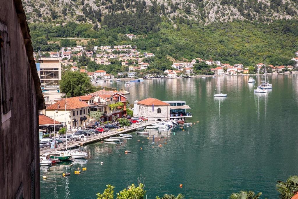 a view of a harbor with boats in the water at Apartments Đukić in Kotor