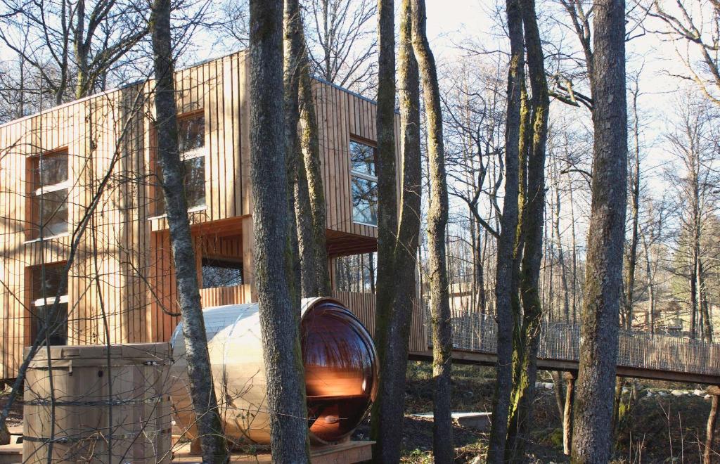 a tree house with a car in the woods at Domaine de Ribeaugoutte in Saint-Nabord
