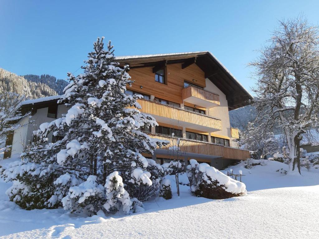 un árbol cubierto de nieve frente a un edificio en Haus Gant, en Sankt Gallenkirch