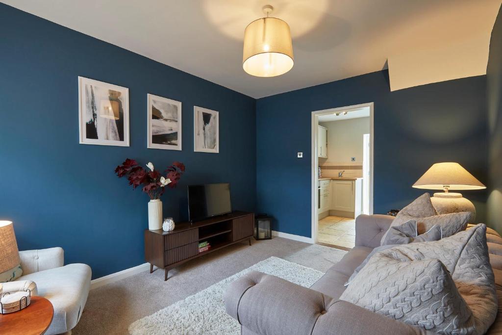 a living room with blue walls and a couch at 51 Risbygate Street Bury St Edmunds in Bury Saint Edmunds