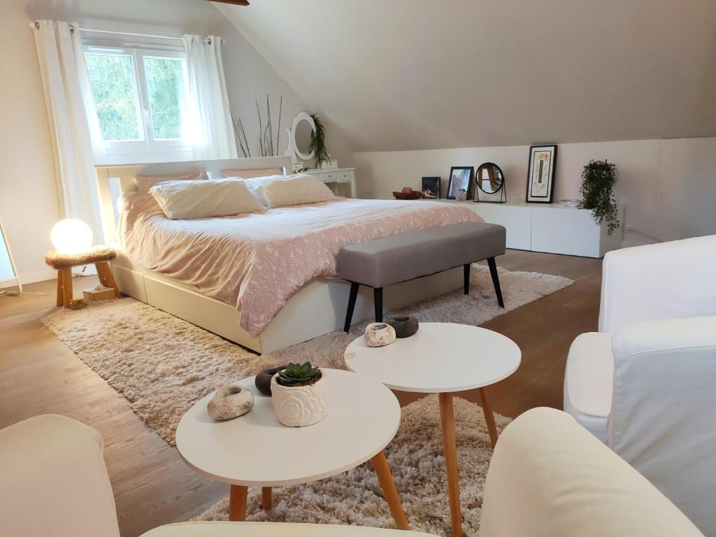 a bedroom with a bed and two tables at Résidence privée en forêt 15 min du circuit in Changé