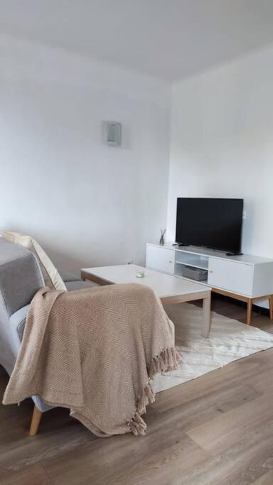 un salon avec une télévision, un canapé et une table dans l'établissement Appartement climatisé Avignon, à Avignon