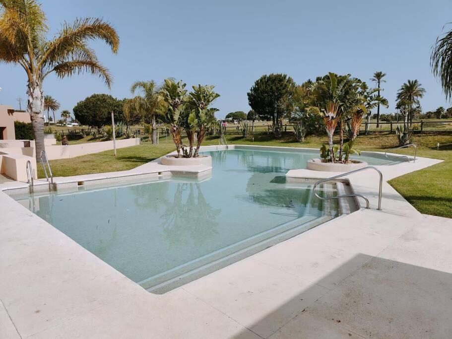 a large swimming pool with palm trees in it at Villanueva Golf- Cozy 2 Bedrooms -Puerto Real, Cádiz in Puerto Real