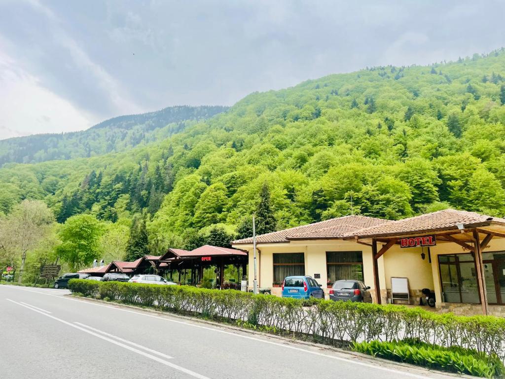 a building with cars parked in front of a mountain at Family Hotel Gorski Kut in Rilski Manastir