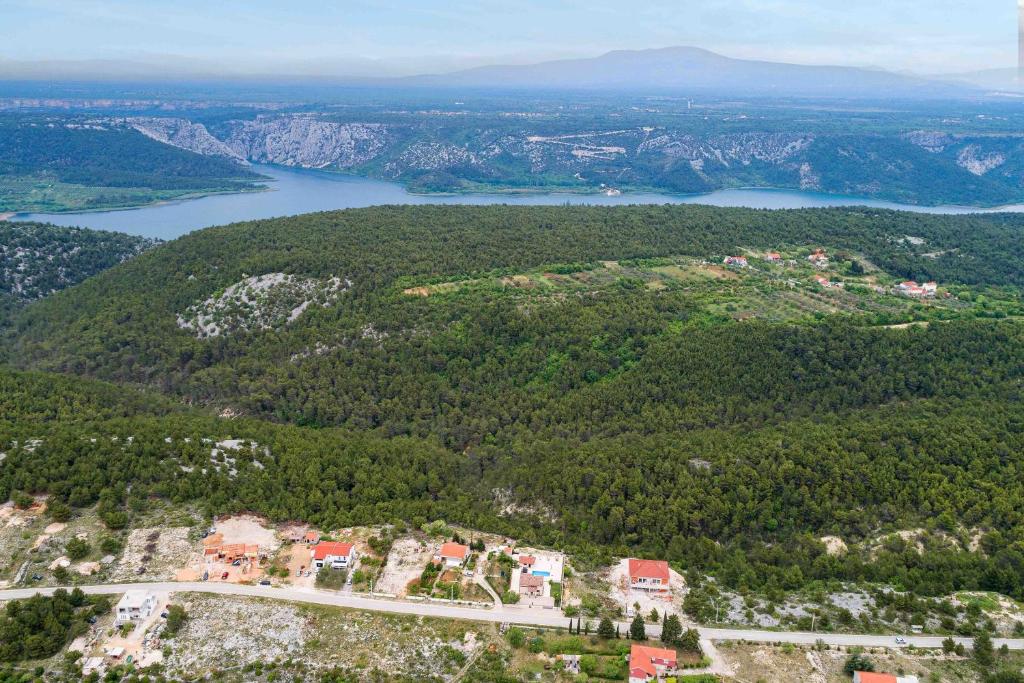 an aerial view of a town and a lake at Villa Lucia in Skradin