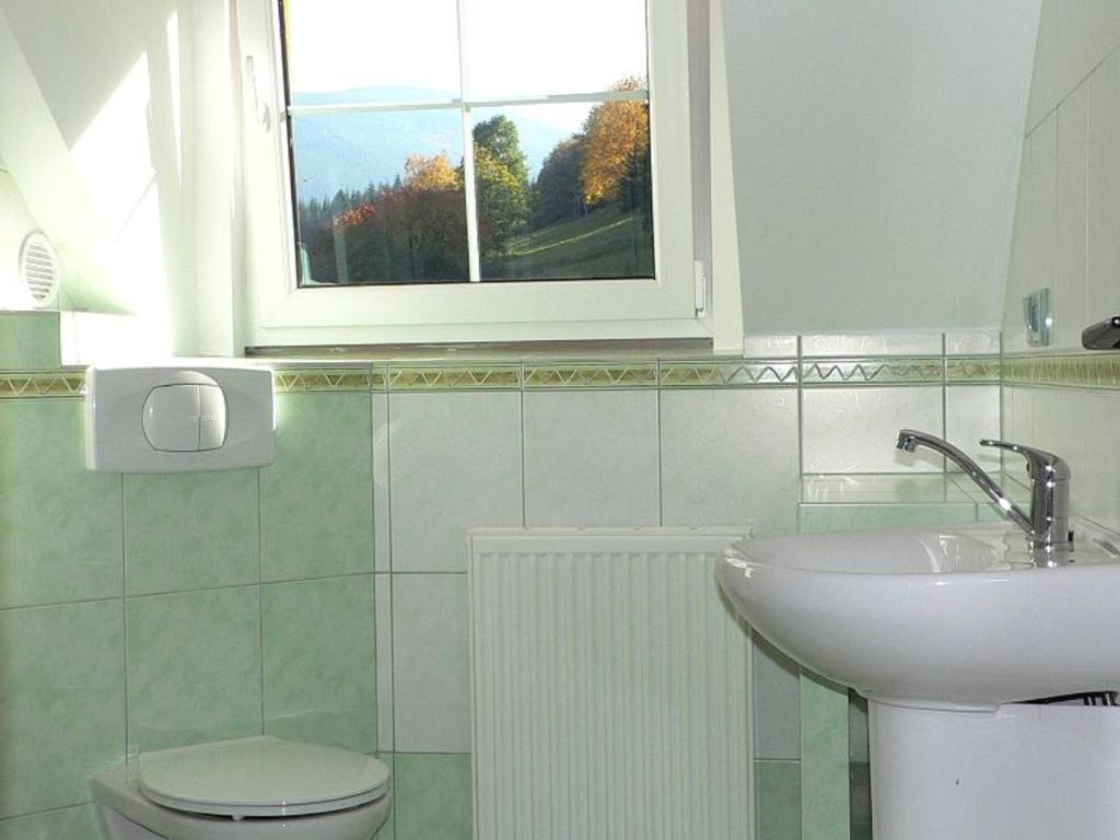 łazienka z umywalką, toaletą i oknem w obiekcie Chata Esty w mieście Bělá pod Pradědem