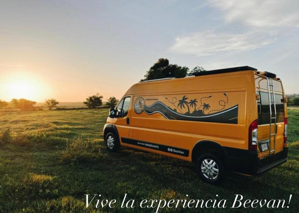 an orange van parked in a field with the sunset at BeeVan in Aguadilla