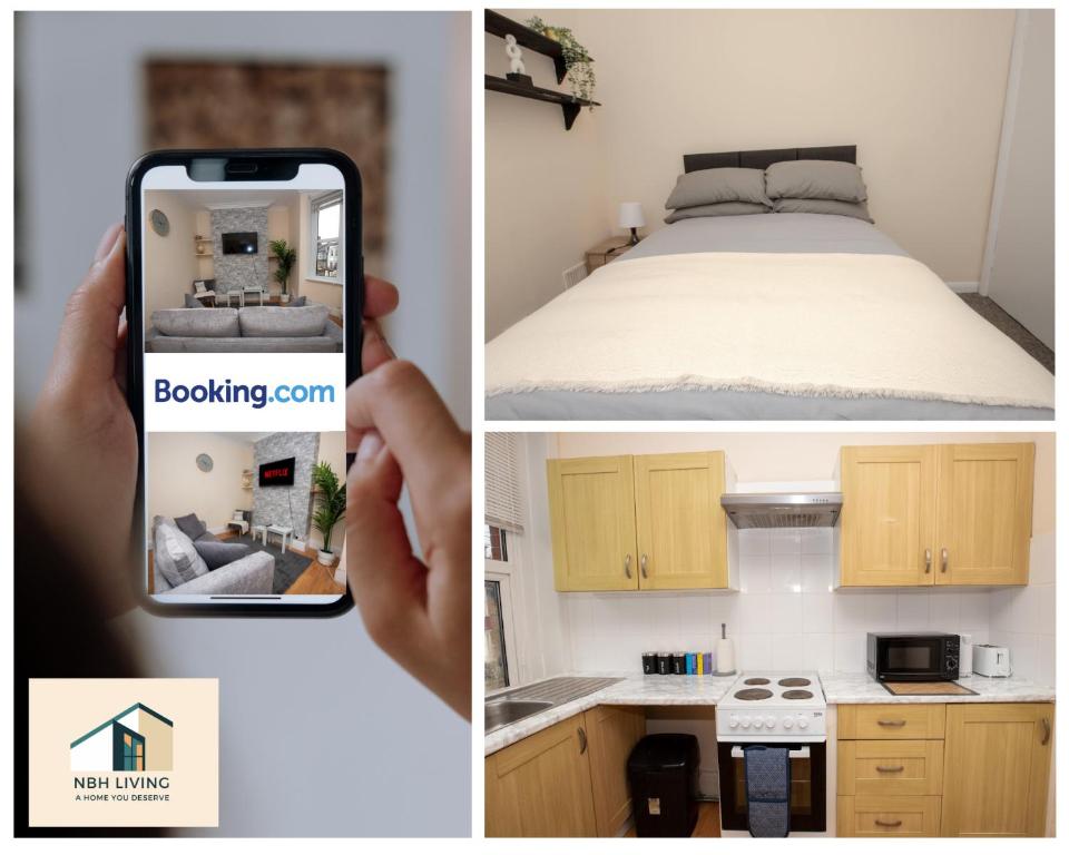 a person taking a picture of a bedroom and a bed at Three Modern Double Bed Apartment By NBH Living Short Lets & Serviced Accommodation in Brighton & Hove