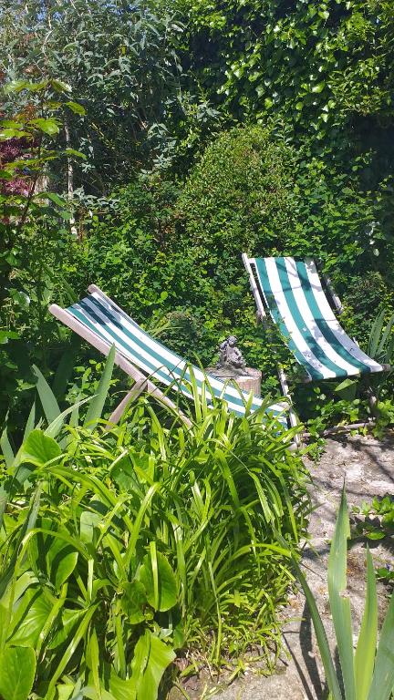 - deux parasols de plage et une chaise dans un jardin dans l'établissement La maison de Léa, à Dinard