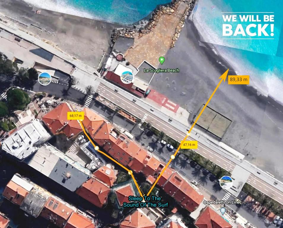 una mappa di una strada con linea gialla di Sleep To The Sound Of The Surf a Ospedaletti