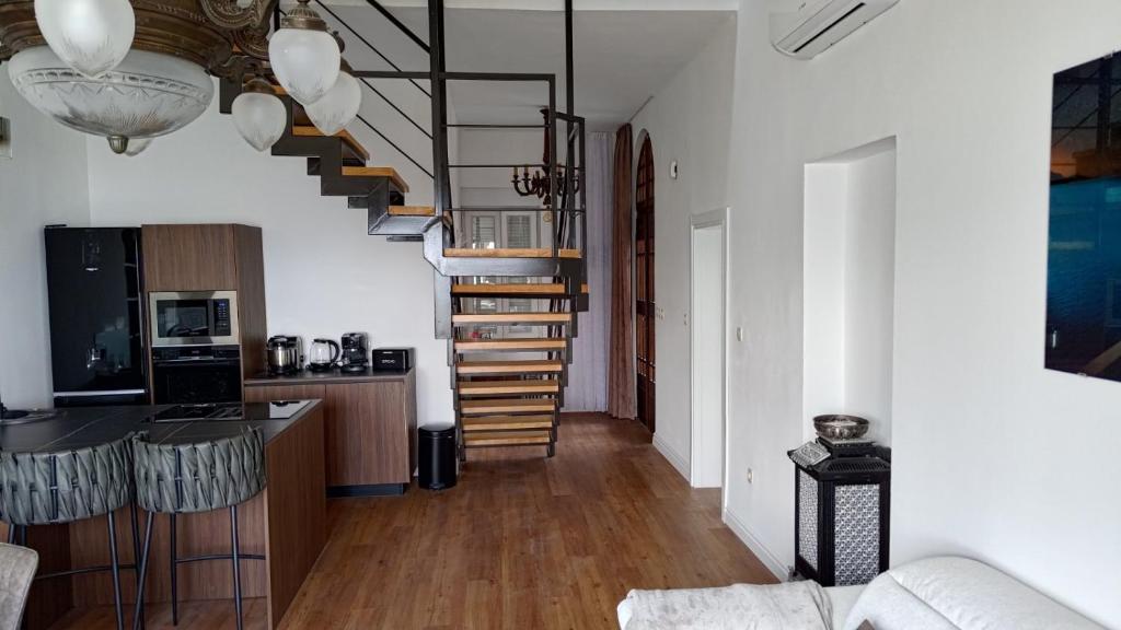Il comprend une cuisine et un salon avec un escalier en colimaçon. dans l'établissement Aparatman Residence, à Rijeka