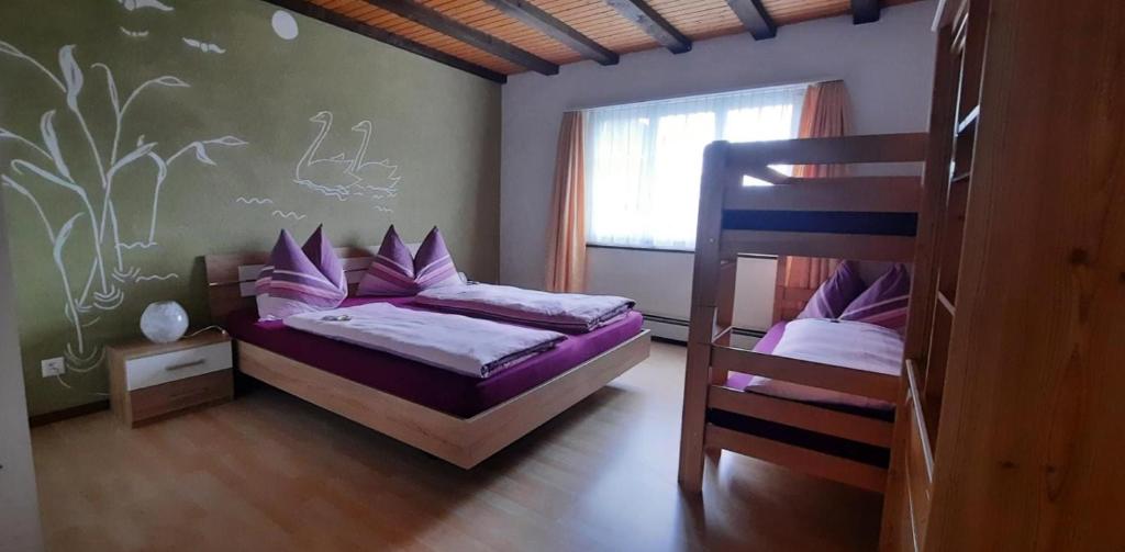 a bedroom with two bunk beds and a window at Ferienwohnung Schafbergblick in Wildhaus