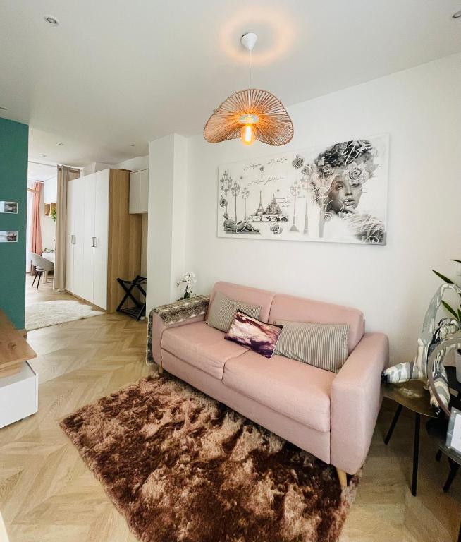 un salon avec un canapé rose et un tapis dans l'établissement Le Nid Douillet de Patricia, à Paris