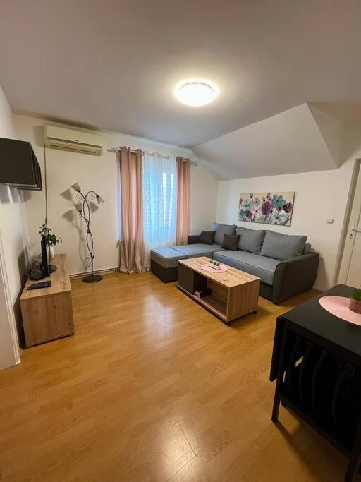 een woonkamer met een bank en een tafel bij Apartman Flora in Novi Grad