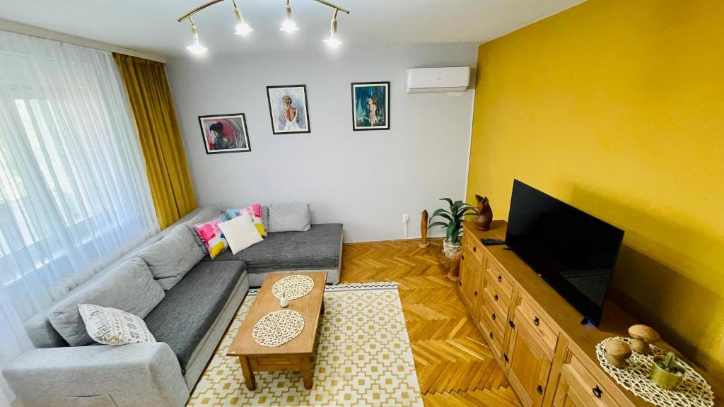 uma sala de estar com um sofá e uma televisão de ecrã plano em Apartman Jelena II em Sremska Mitrovica