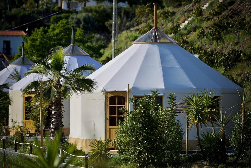 a building with a large white tent in a garden at Darjas Yurtas el Morisco in Benajarafe