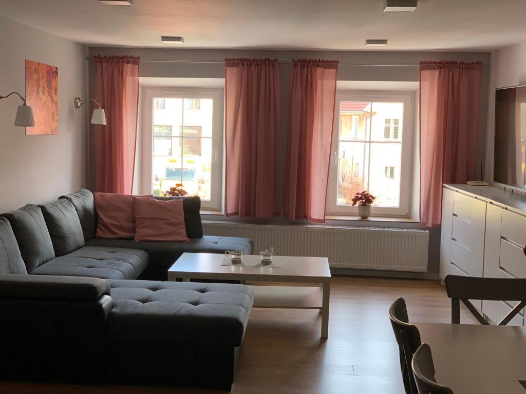 een woonkamer met een bank en een tafel bij Apartament Zofia in Duszniki Zdrój