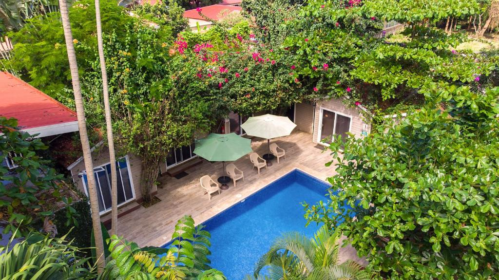 uma vista superior para uma piscina com cadeiras e um guarda-sol em Jaco Lodge Quiet Place em Jacó