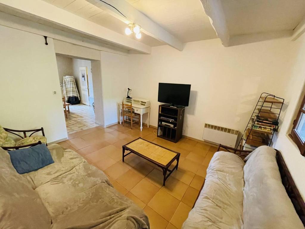 a living room with a couch and a tv at Maison Pradons, 4 pièces, 6 personnes - FR-1-697-24 in Pradons