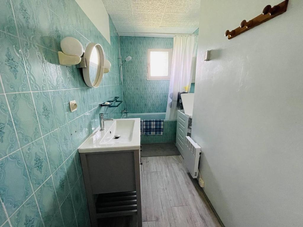 a green bathroom with a sink and a mirror at Maison Pradons, 4 pièces, 6 personnes - FR-1-697-24 in Pradons