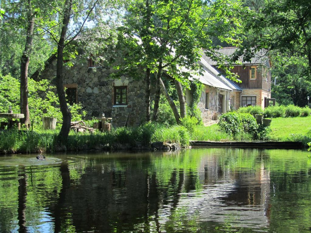 una casa y un estanque frente a una casa en Kučuru dzirnavas, en Lautere
