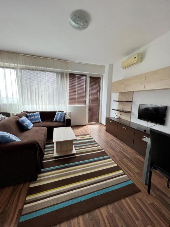 a living room with a couch and a television at Apartament modern Ared UTA in Arad