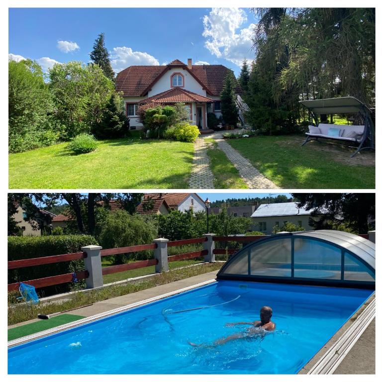 two pictures of a house and a swimming pool at Vila EVIO Třeboň in Třeboň