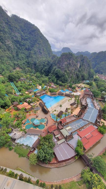 an aerial view of a resort with two pools at Lost World Of Tambun Coco Guest House in Ipoh