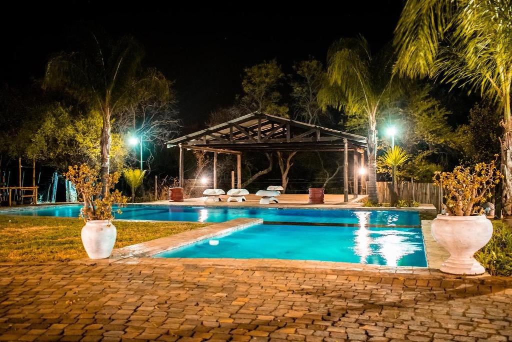 a swimming pool at night with palm trees and lights at Mela Luxury Game Lodge in Pretoria
