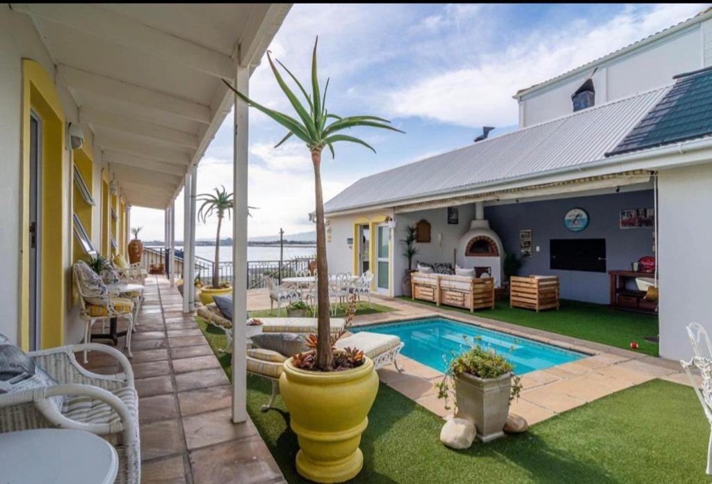 a house with a pool and a palm tree in a yard at Gordon's Beach Lodge in Gordonʼs Bay