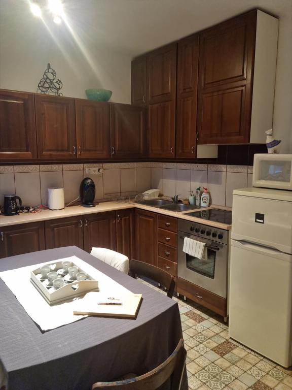 eine Küche mit einem Tisch und einem weißen Kühlschrank in der Unterkunft Kaleidoszkóp Ház apartman in Esztergom