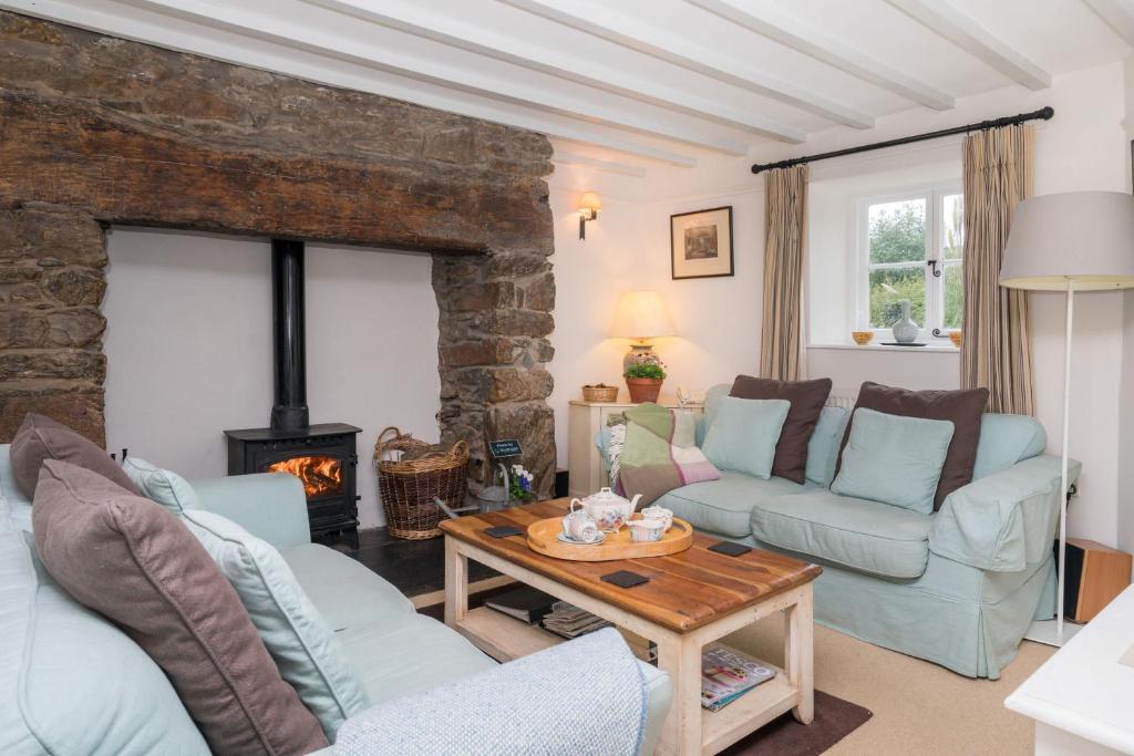 a living room with a couch and a fireplace at Bryn Rhydd in Eglwys-Fâch