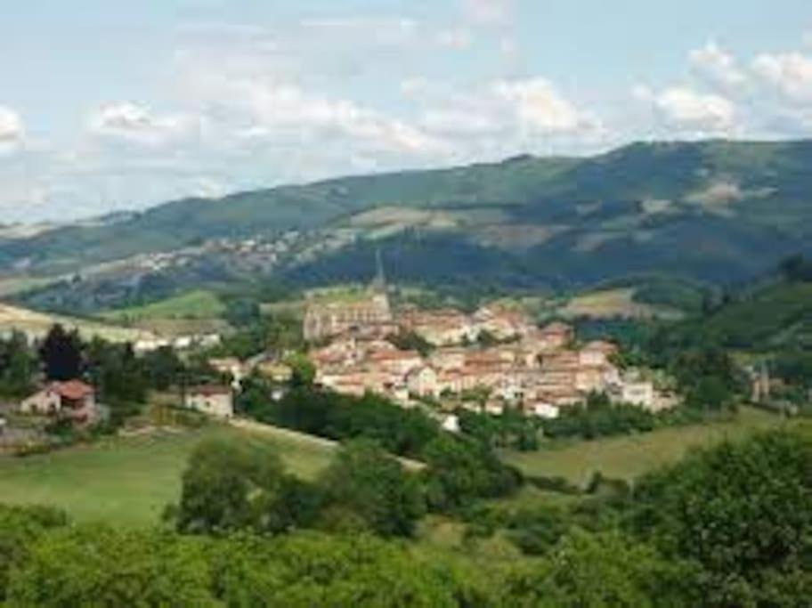 una ciudad en una colina en un campo verde en Le sud de St Just d'Avray, en Saint-Just-dʼAvray