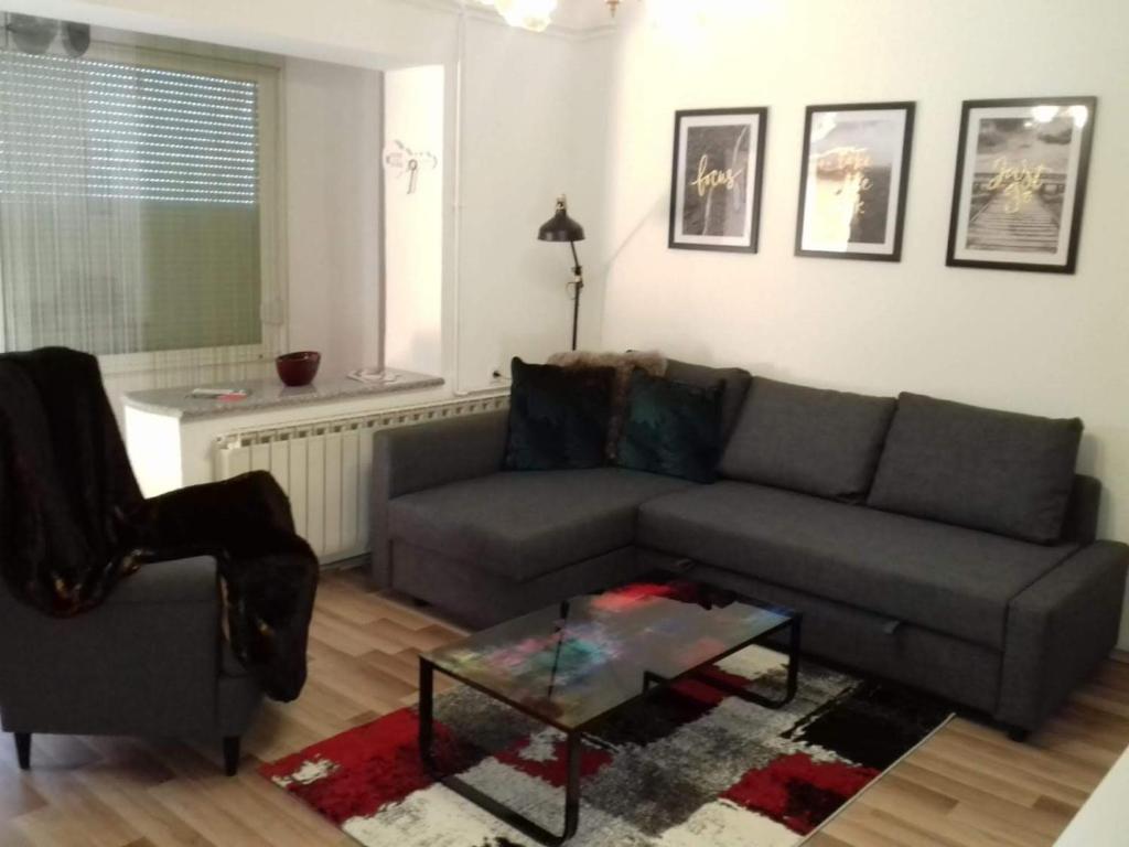 ein Wohnzimmer mit einem Sofa und einem Couchtisch in der Unterkunft Apartman Zanetti Ivica, Lipik 5 in Lipik